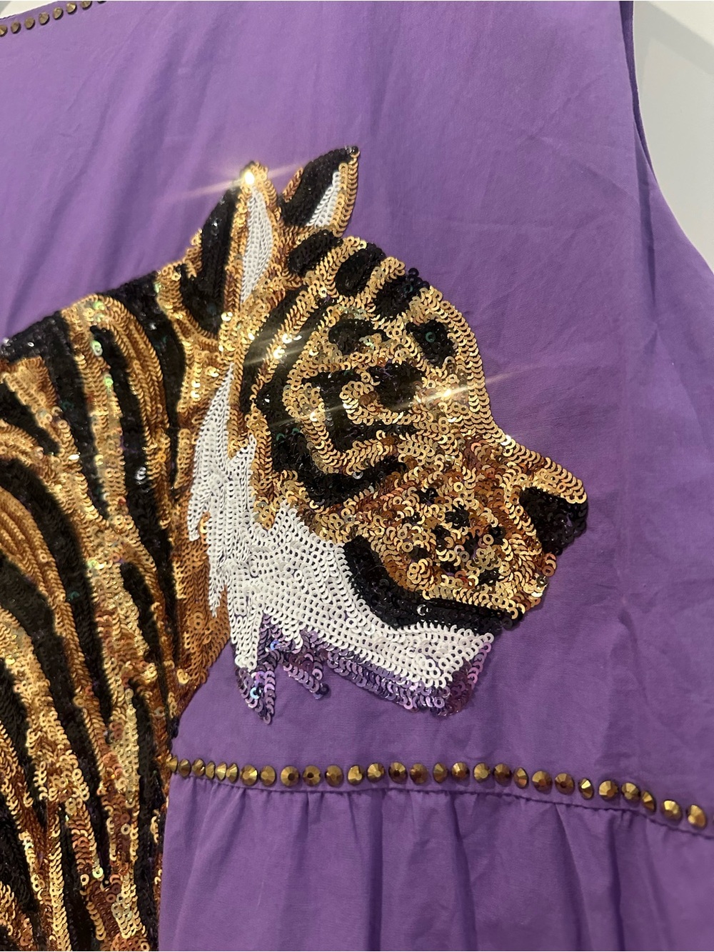 Queen of Sparkles Purple Sleeveless Dress with Gold Sequin Tiger on Back - Picture 7 of 8